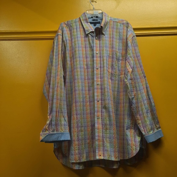 Tommy Hilfiger rainbow plaid check 80' 2 ply fabric button up flip cuff shirt XL - Picture 1 of 8